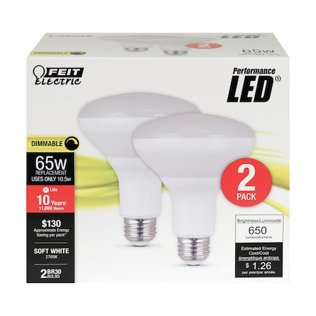 Feit Electric Feit BR30 E26 (Medium) LED Bulb Soft White 65 Watt Equivalence 2 pk BR30DM/10KLED/2
